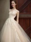 Chic / Beautiful Champagne Tulle Wedding Dresses 2017 A-Line / Princess Scoop Neck Sleeveless Crossed Straps Appliques Lace Sweep Train