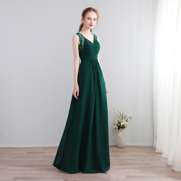 Modest / Simple Dark Green Floor-Length / Long Evening Dresses 2018 A-Line / Princess V-Neck Chiffon Lace-up Backless Evening Party Formal Dresses