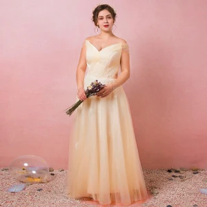 Classique Élégant Champagne Grande Taille Robe De Soirée 2018 Tulle Lacer V Cou Princesse Appliques Dos Nu Printemps Soirée Robe De Ceremonie