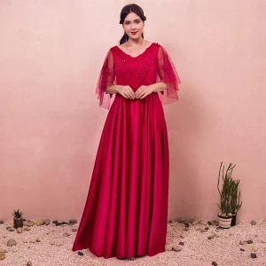 Chic Beautiful Red Plus Size Evening Dresses 2018 A Line Princess Lace Up V Neck Appliques Backless Beading Evening Party Prom Dresses
