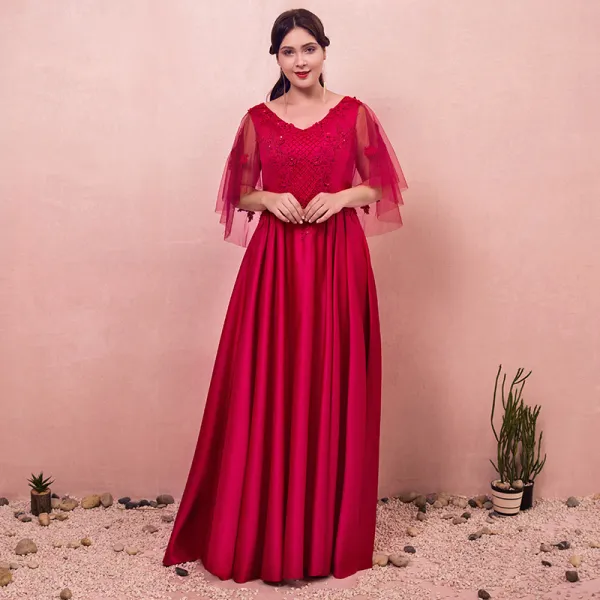 Chic / Beautiful Red Plus Size Evening Dresses  2018 A-Line / Princess Lace-up V-Neck Appliques Backless Beading Evening Party Prom Dresses
