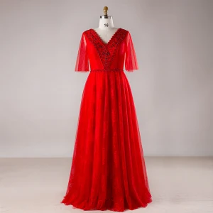 Luxury Gorgeous Red Plus Size Evening Dresses 2018 A Line Princess V Neck Tulle Lace Up Beading Backless Crystal Evening Party Prom Dresses