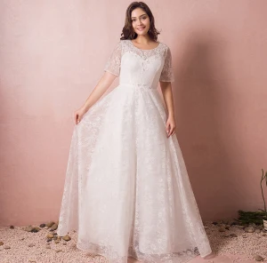 Chic Beautiful Ivory Plus Size Wedding Dresses 2018 A Line Princess Tulle U Neck Lace Up Beading Appliques Backless Wedding