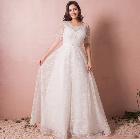 Chic / Beautiful Ivory Plus Size Wedding Dresses 2018 A-Line / Princess Tulle U-Neck Lace-up Beading Appliques Backless Wedding
