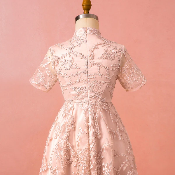 Chinese style Champagne Plus Size Graduation Dresses 2018 A-Line / Princess High Neck Tulle Lace-up Homecoming Formal Dresses