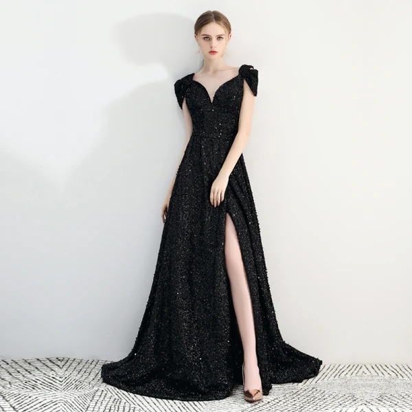Chic / Belle Noire Princesse Robe De Soirée 2019 Mancherons V-Cou Cathedral Train Dos Nu Paillettes Polyester Soirée Robe De Ceremonie