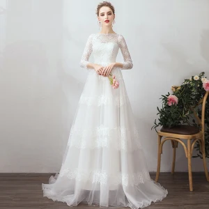 Classique Élégant Blanche Robe De Soirée 2019 Princesse 3 4 Manches U Cou En Dentelle Tulle Appliques Dos Nu Tapis Rouge Travail Robe De Ceremonie