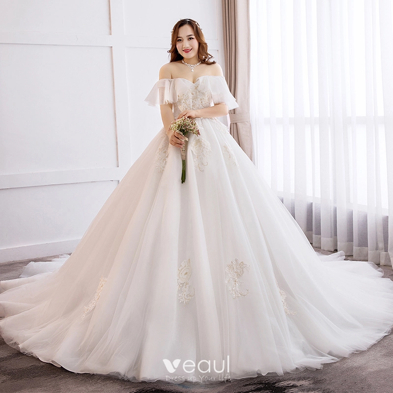 Chic / Beautiful White Ball Gown Wedding Dresses 2019 Lace Tulle