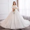 Chic / Beautiful White Ball Gown Wedding Dresses 2019 Lace Tulle Appliques Backless Embroidered Chapel Train Strapless Wedding