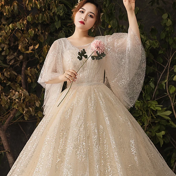 Glitzernden Bling Bling Champagner Übergröße Brautkleider / Hochzeitskleider 2019 A Linie V-Ausschnitt Tülle Glanz Pailletten Kapelle-Schleppe Hochzeit