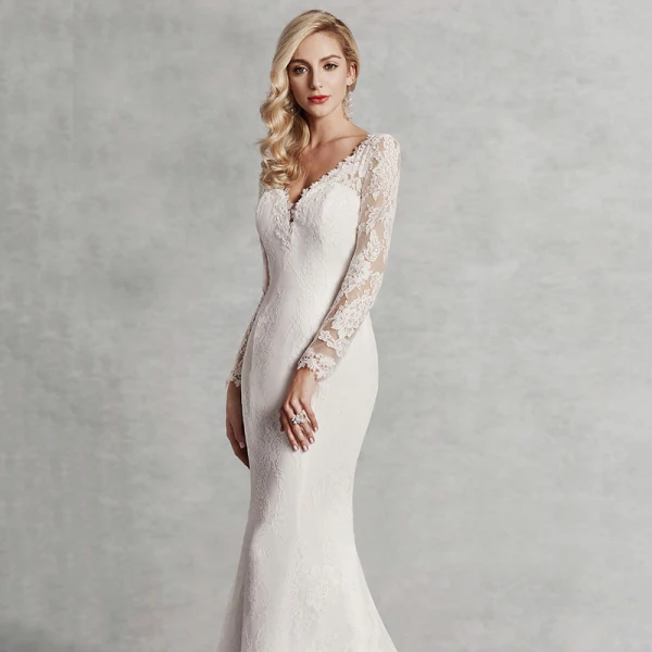 Modern / Fashion Sexy Ivory Wedding Dresses 2020 Trumpet / Mermaid V-Neck 3D Lace Long Sleeve Appliques Backless Embroidered Sweep Train Wedding