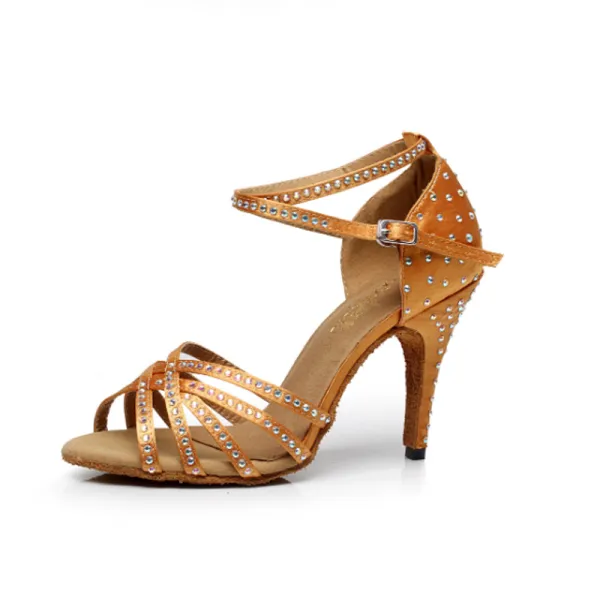 Chic / Belle Marron Chaussures de danse latine 2020 X-Strap Cuir Perlage Faux Diamant 10 cm Dansant Promo Talons Hauts Sandales Chaussures Femmes