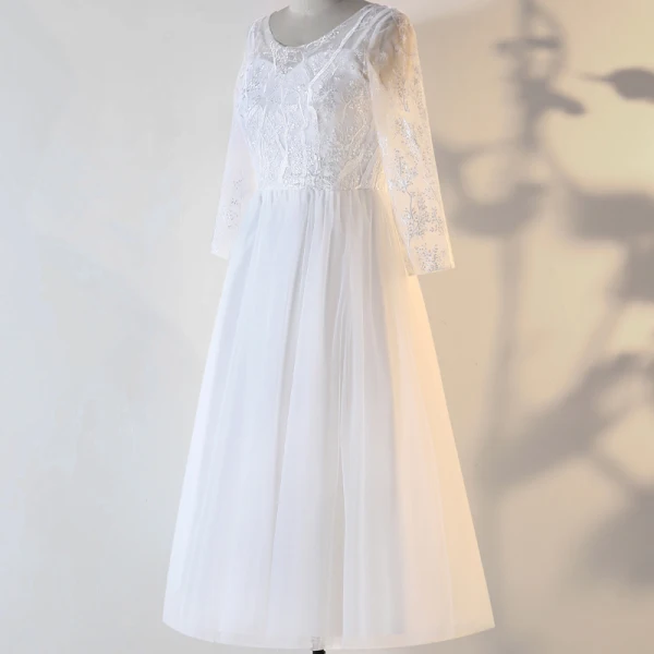 Chic / Belle Blanche Grande Taille Robe De Soirée 2020 Dentelle U-Cou Fait main Perlage Paillettes Brodé Bande Thé Longueur Soirée Été Manches Longues Princesse Robe De Ceremonie