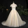 Sexy Stunning Champagne Plus Size Ball Gown Wedding Dresses 2020 Lace Tulle Crossed Straps Handmade  Beading Sequins Appliques Backless Chapel Train Wedding