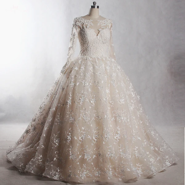 Stijlvolle Luxe Ivoor Cathedral Train Huwelijk 2018 Lange Mouwen U-hals Tule Lace-up Appliques Ruglooze Kralen Parel Handgemaakt Baljurk Trouwjurken