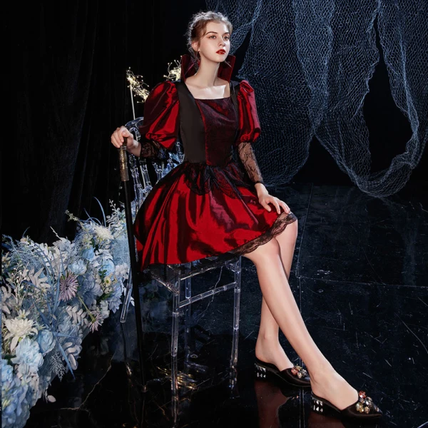 Vintage / Retro Medieval Gothic Red Black Short Prom Dresses 2021 A-Line / Princess Square Neckline 3/4 Sleeve Zipper Up Lace Tulle Prom Formal Dresses