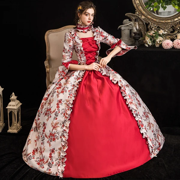 Vintage Mittelalterlich Burgunderrot Ballkleid A Linie Abendkleider Ballkleider 2021 Gekreuzte Träger Lange Eckiger Ausschnitt 1/2 Ärmel Drucken Blumen Satin Cosplay Ball Abend Festliche Kleider