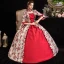 Vintage Mittelalterlich Burgunderrot Ballkleid A Linie Abendkleider Ballkleider 2021 Gekreuzte Träger Lange Eckiger Ausschnitt 1/2 Ärmel Drucken Blumen Satin Cosplay Ball Abend Festliche Kleider