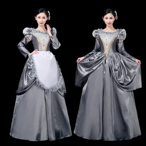 Vintage / Retro Medieval Grey Ball Gown Prom Dresses 2021 U-Neck Long Sleeve Floor-Length / Long Crossed Straps Lace Embroidered Cosplay Prom Formal Dresses