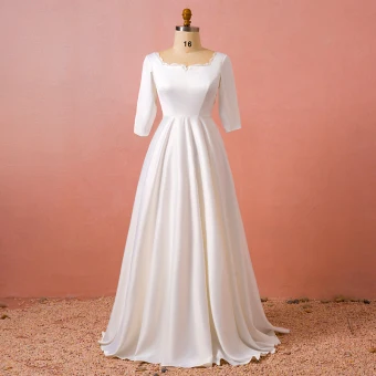 Simple Blanche Grande Taille Mariage 2018 Princesse Manches Longues U Cou Charmeuse Lacer Dos Nu Robe De Mariée