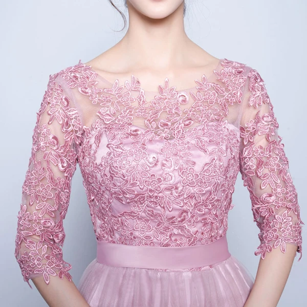 Chic / Beautiful 2017 3/4 Sleeve Candy Pink Red Crossed Straps Lace X-Strap Chiffon Lace U-Neck Cocktail Party Evening Party Summer Ball Gown Prom Dresses