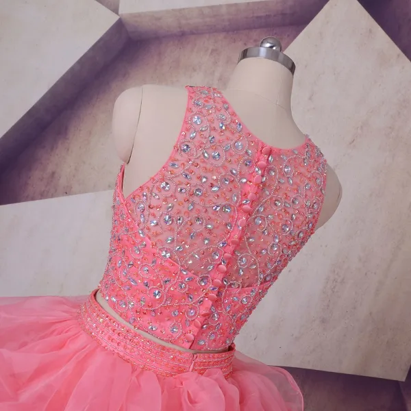 Vintage Watermelon Prom Dresses 2017 Ball Gown Scoop Neck Sleeveless Beading Rhinestone Sequins Cascading Ruffles Organza Formal Dresses Court Train