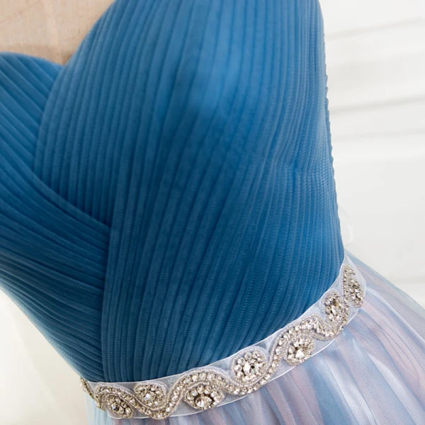 Chic / Beautiful 2017 Evening Dresses  Sky Blue Chiffon Striped Strapless Rhinestone A-Line / Princess Formal Dresses