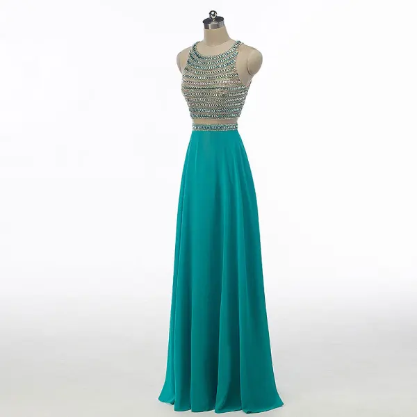 Sparkly Rhinestone Prom Dresses 2017 A-Line / Princess Scoop Neck Sleeveless Heart-shaped Backless Beading Sequins Jade Green Chiffon Floor-Length / Long Formal Dresses