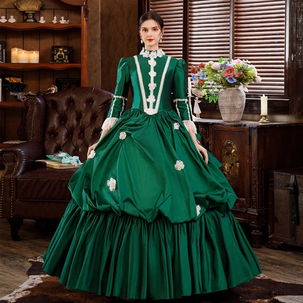 Vintage / Retro Antique Dark Green Ball Gown Evening Dresses  2021 3D Lace Beading Pearl Flower Floor-Length / Long Long Sleeve Scoop Neck Cosplay Dancing Prom Dresses Winter Formal Dresses