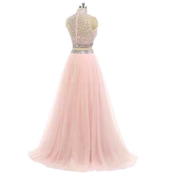 Scintillantes 2 Pièces Rose Bonbon Robe De Bal 2017 Princesse Col Haut Sans Manches Perlage Faux Diamant Tulle Robe De Ceremonie Train De Balayage