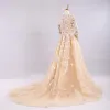Elegant Champagne Wedding Dresses 2017 A-Line / Princess V-Neck Long Sleeve Appliques Lace Ruffle Tulle Chapel Train
