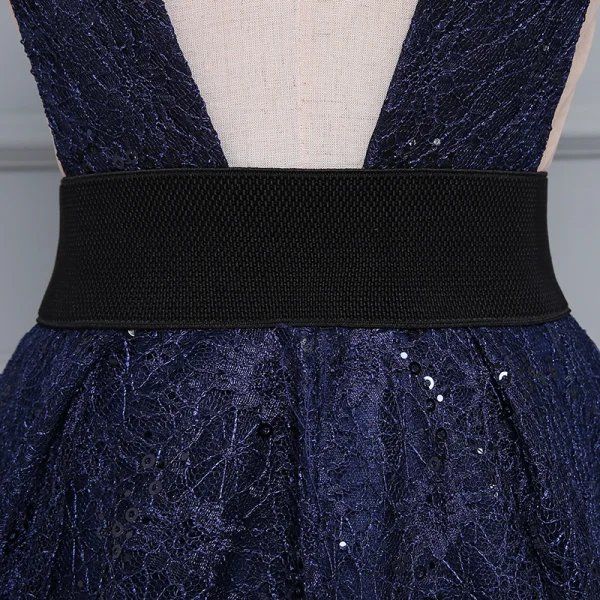 Sexy Bleu Marine Robe De Soirée 2017 Princesse V-Cou Sans Manches Paillettes Ceinture Dos Nu Robe De Ceremonie