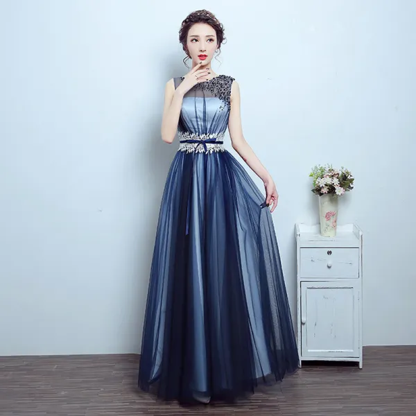 Chic / Beautiful Navy Blue Prom Dresses 2017 A-Line / Princess Lace U-Neck Crossed Straps Backless Beading Pierced Prom Formal Dresses