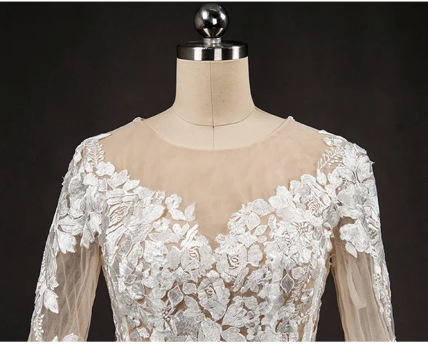 Stunning White Wedding Dresses 2017 Scoop Neck Long Sleeve Backless Pierced Lace Pleated Organza Floor-Length / Long Ball Gown