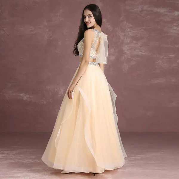 Bling Bling 2 Piece Nude Prom Dresses 2017 A-Line / Princess Scoop Neck Sleeveless Ruffle Organza Beading Sequins Floor-Length / Long Formal Dresses