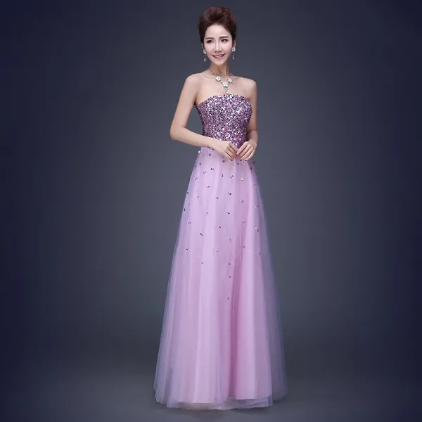 Amazing / Unique Lavender Evening Dresses  2017 A-Line / Princess Strapless Tulle Sequins Beading Backless Evening Party Party Dresses