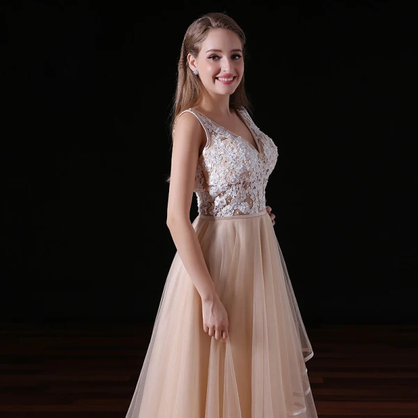 Chic / Beautiful Champagne Backless Wedding Dresses 2017 A-Line / Princess V-Neck Shoulders Sleeveless Beading Pearl Court Train