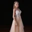 Chic / Beautiful Champagne Backless Wedding Dresses 2017 A-Line / Princess V-Neck Shoulders Sleeveless Beading Pearl Court Train