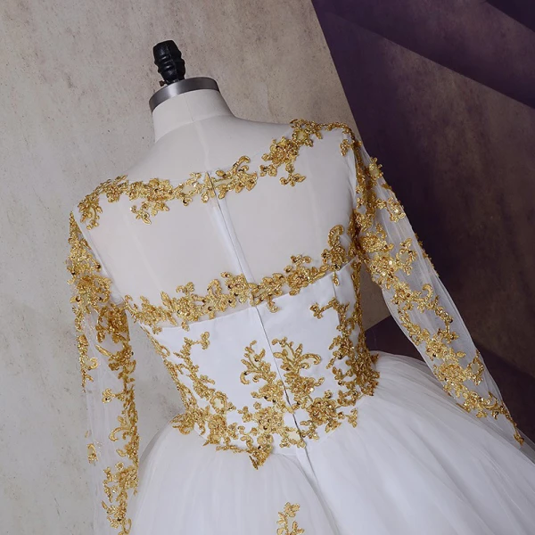 Sparkly White Gold Wedding Dresses 2017 Scoop Neck Shoulders Long Sleeve Appliques Lace Sparkly White Gold Wedding Dresses 2017 Scoop Neck Shoulders Long Sleeve Appliques Lace