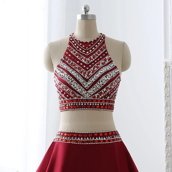 Glittrande 2 Bit Burgundy Balklänningar 2017 Prinsessa Urringning Ärmlös Beading Kristall Rhinestone Långa Satin Formella Klänningar