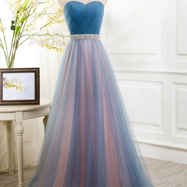 Chic / Beautiful 2017 Evening Dresses  Sky Blue Chiffon Striped Strapless Rhinestone A-Line / Princess Formal Dresses