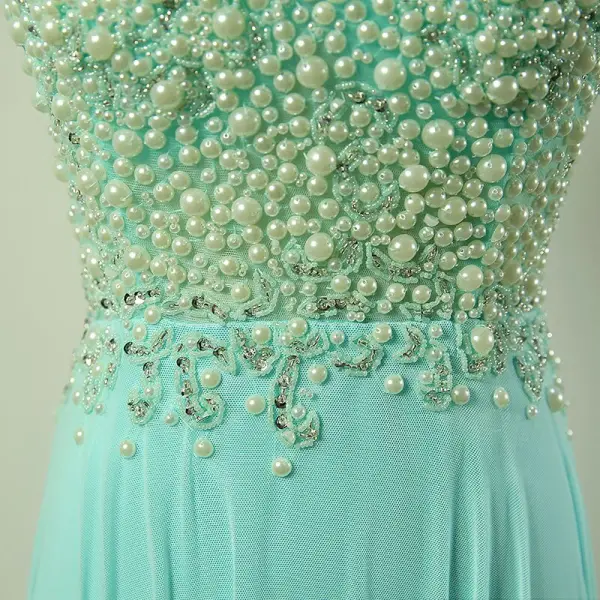 Chic / Beautiful Royal Blue Evening Dresses 2017 A-Line / Princess Scoop Neck Sleeveless Beading Pearl Ruffle Chiffon Floor-Length / Long Formal Dresses