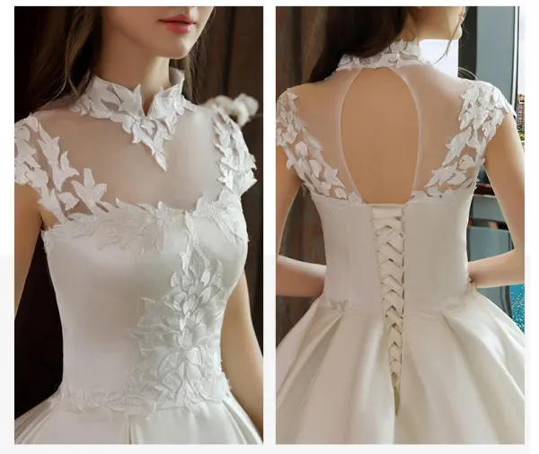 Chinese style Satin Wedding Dresses 2017 A-Line / Princess Backless High Neck Short Sleeve Appliques White Lace