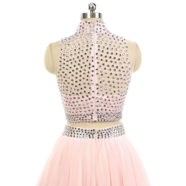 Scintillantes 2 Pièces Rose Bonbon Robe De Bal 2017 Princesse Col Haut Sans Manches Perlage Faux Diamant Tulle Robe De Ceremonie Train De Balayage