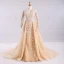 Elegant Champagne Wedding Dresses 2017 A-Line / Princess V-Neck Long Sleeve Appliques Lace Ruffle Tulle Chapel Train