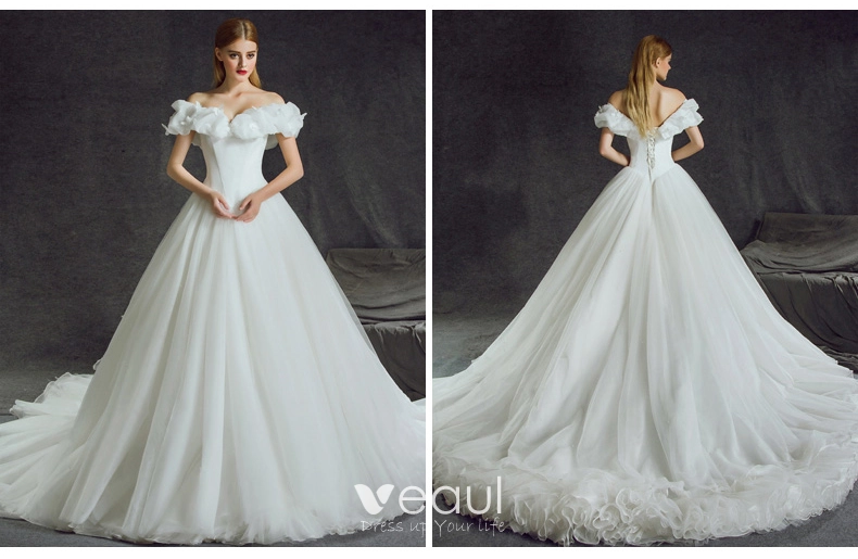 Maravilloso Cenicienta Vestidos De Novia 2017 A Line Princess Fuera Del Hombro Manga Corta mariposa Sin