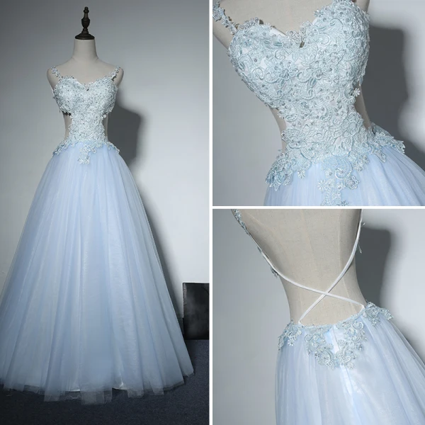 Snygga / Fina Himmelsblå Aftonklänningar 2017 Prinsessa Spets V-Hals Appliqués Halterneck Broderade Afton Balklänningar
