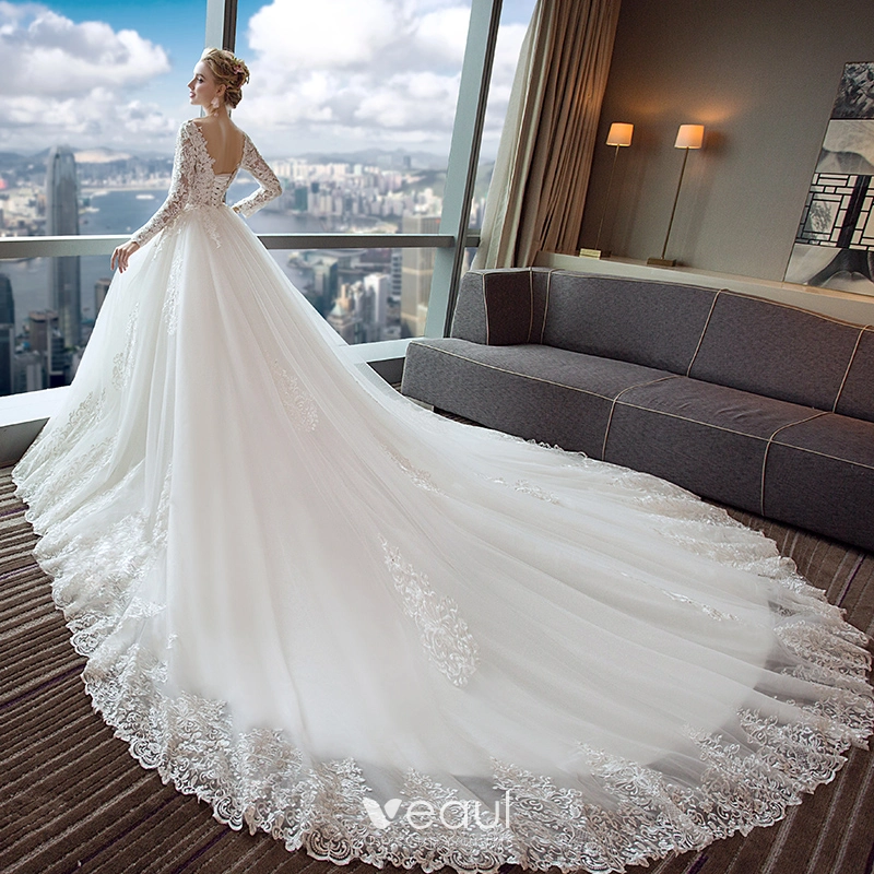 V Neck Wedding Dress White Ivory Sexy High Splits Beaded Beading Pearls  Crystal A Line Backless Bridal Gown Vestido De Noiva