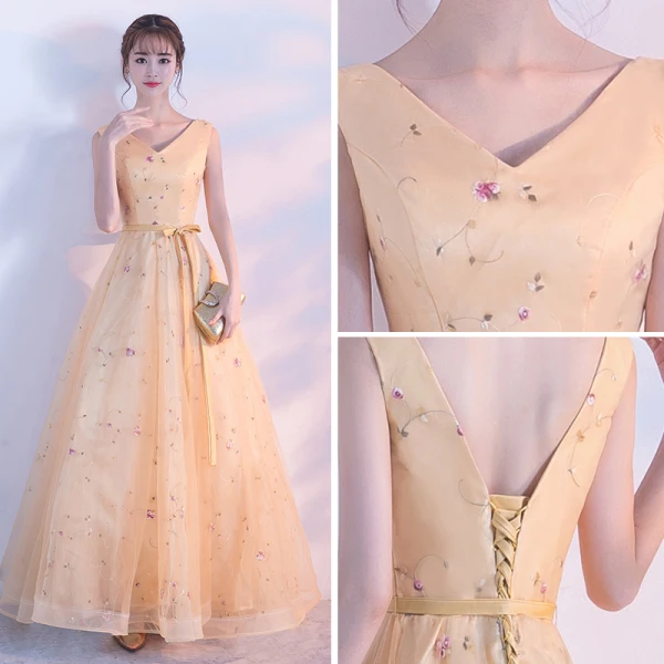 Chic / Beautiful Gold Evening Dresses  2017 A-Line / Princess V-Neck Tulle Backless Appliques Evening Party Prom Dresses