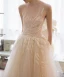 Chic / Beautiful Champagne Tulle Wedding Dresses 2017 A-Line / Princess Scoop Neck Sleeveless Crossed Straps Appliques Lace Sweep Train